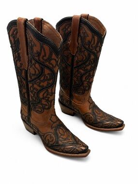 Tanner Mark Brown Leather Western Cowgirl Boots with Black Embroidery